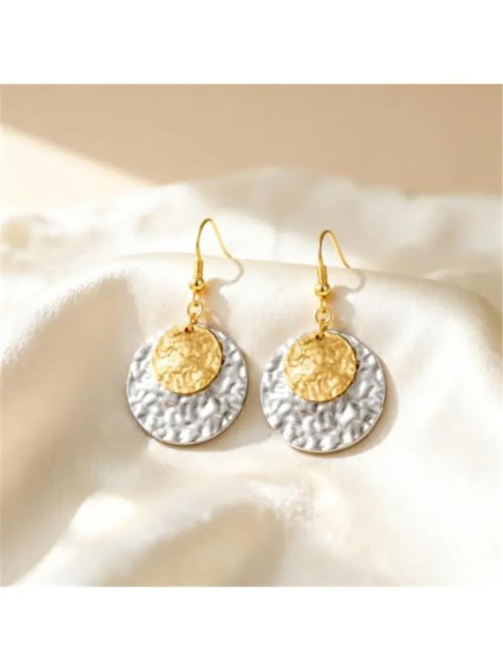 Womens Boho Statement Earring 14K Two-Tone Hammered Disc Drop Earrings